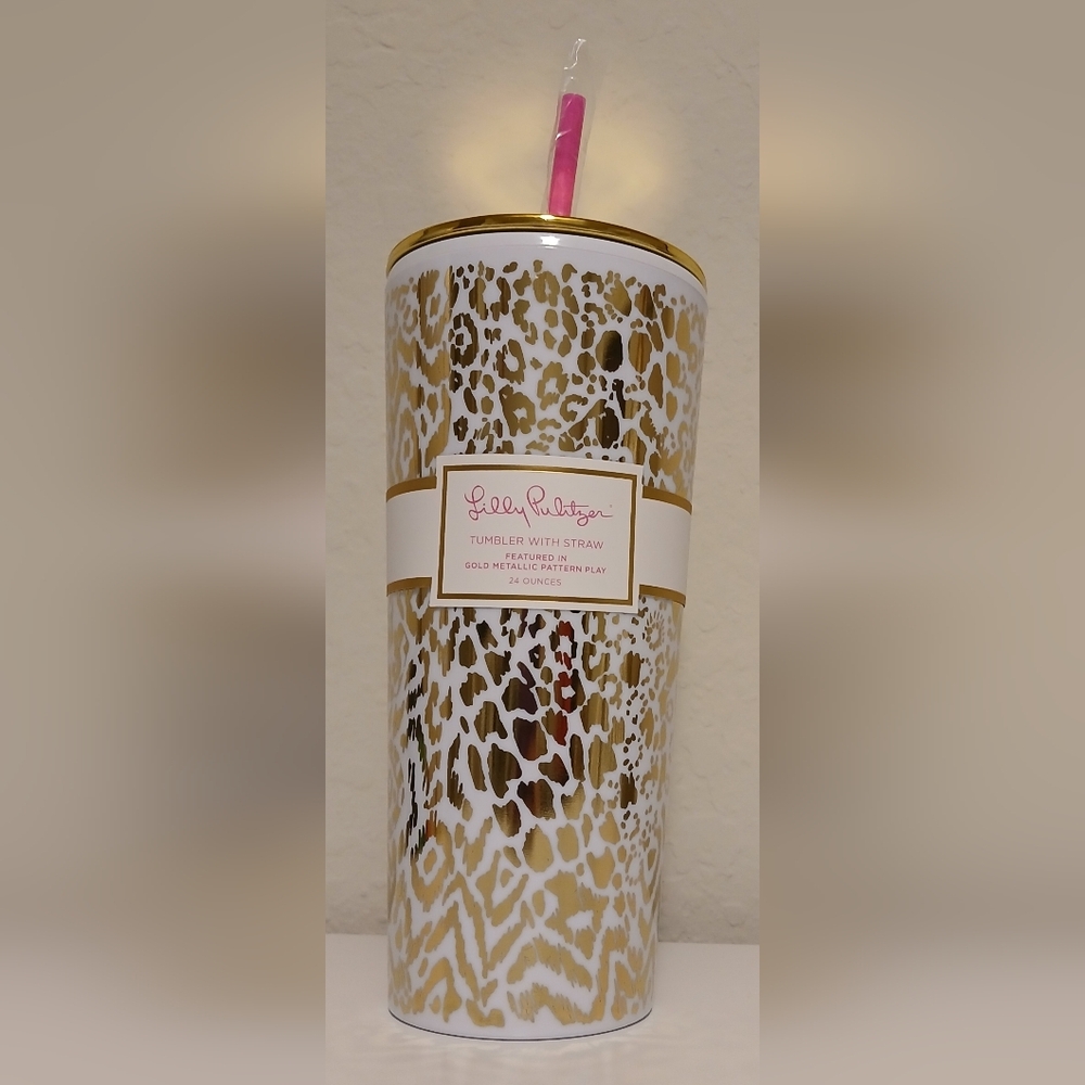 NWT Lilly Pulitzer Gold Leopard Tumbler‎ With Straw